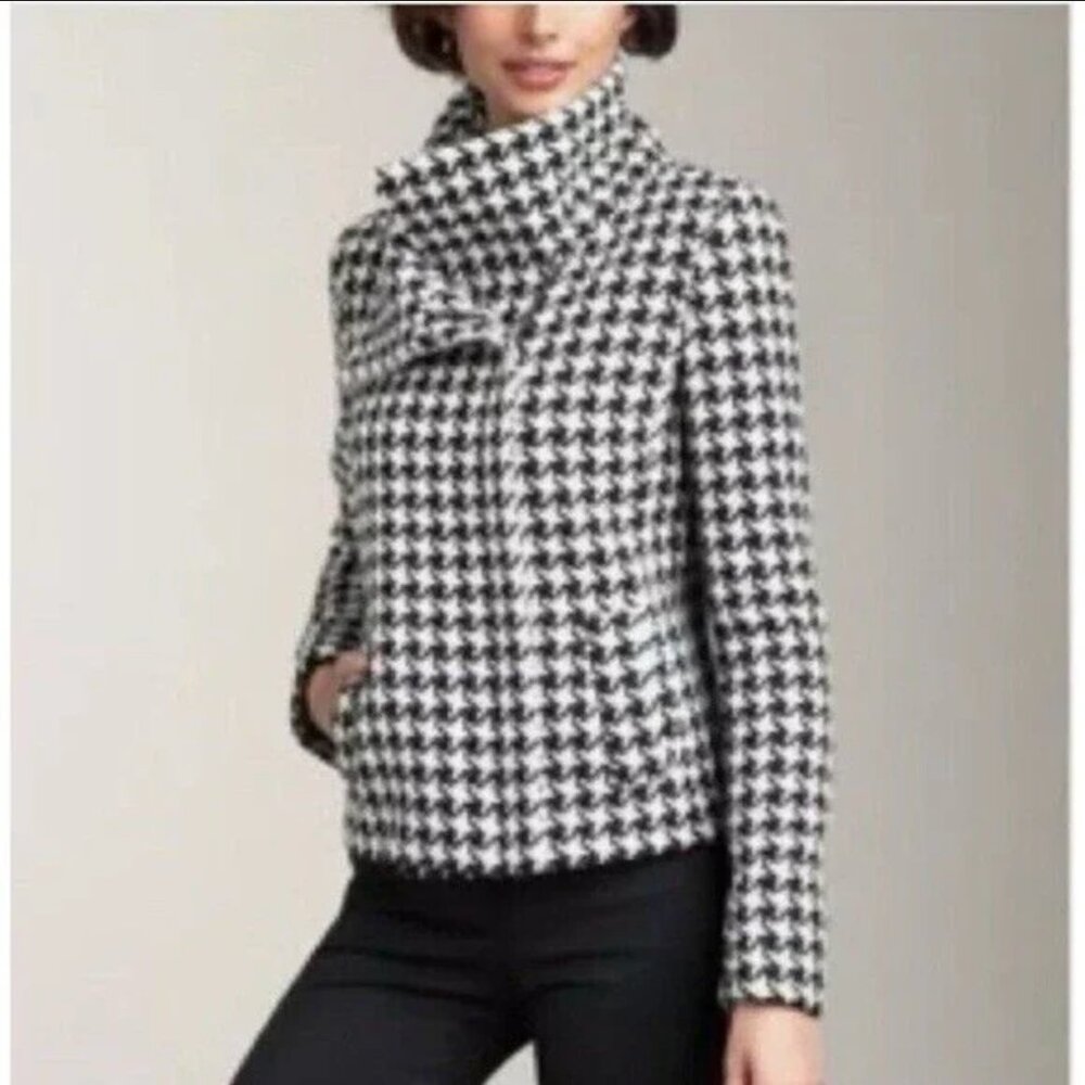 Houndstooth Wool Biker Jacket Funnel Neck Grunge Punk Chic (6)